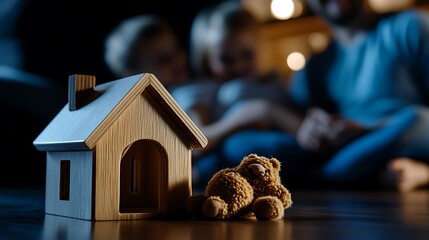 A wooden toy house sits on a floor with a teddy bear in front of it. A family sits in the background.