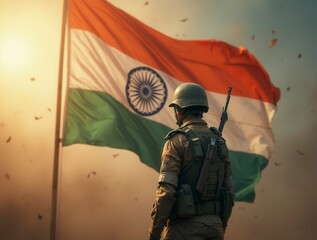 Fototapeta premium Indian soldier standing in front of Indian flag military patriotism