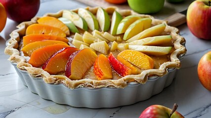 This vibrant fruit tart features fresh apple and peach slices arranged on a pastry crust. - Powered by Adobe