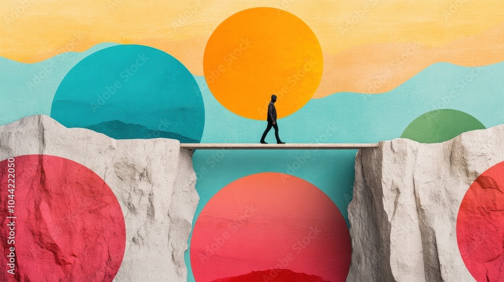 Poster man walking on a bridge between cliffs with colorful abstract circles in the background, ai