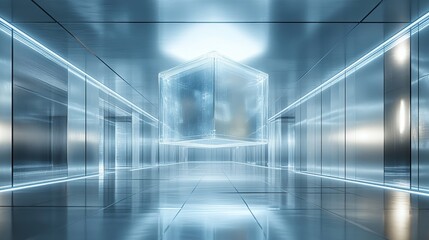 Obraz premium Glass cube floating over a sleek mirror floor, surrounded by infinite reflective walls, illuminated by holographic light patterns, ultra-futuristic environment