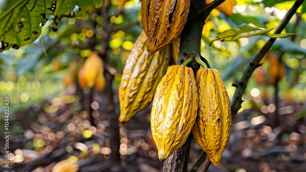 Poster this golden cacao pods dangle from trees in a thriving plantation with soft sunlight illuminating.