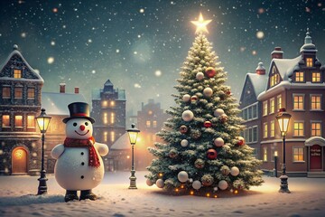 Obraz premium Retro Style Winter City Scene with Christmas Tree and Snowman – Minimalist Merry Christmas Background for Holiday