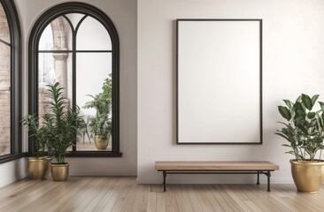  A large, blank white poster frame hangs in a minimalist room with light wood floors and arched windows.