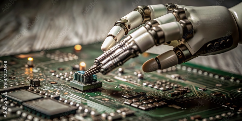 Poster robotic hand interacting with circuit board - automation and electronics synergy