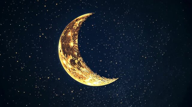 Golden crescent moon and stars in night sky. Mystical celestial concept