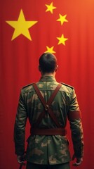Obraz premium Chinese soldier standing in front of Chinese flag patriotic military scene
