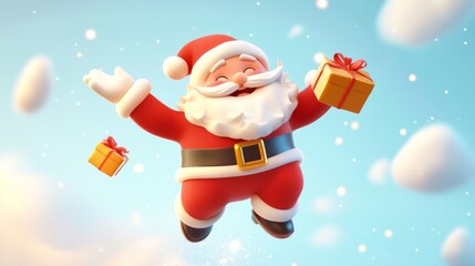 Cheerful Santa Claus Flying with Gift Sack Surrounded by Snowflakes