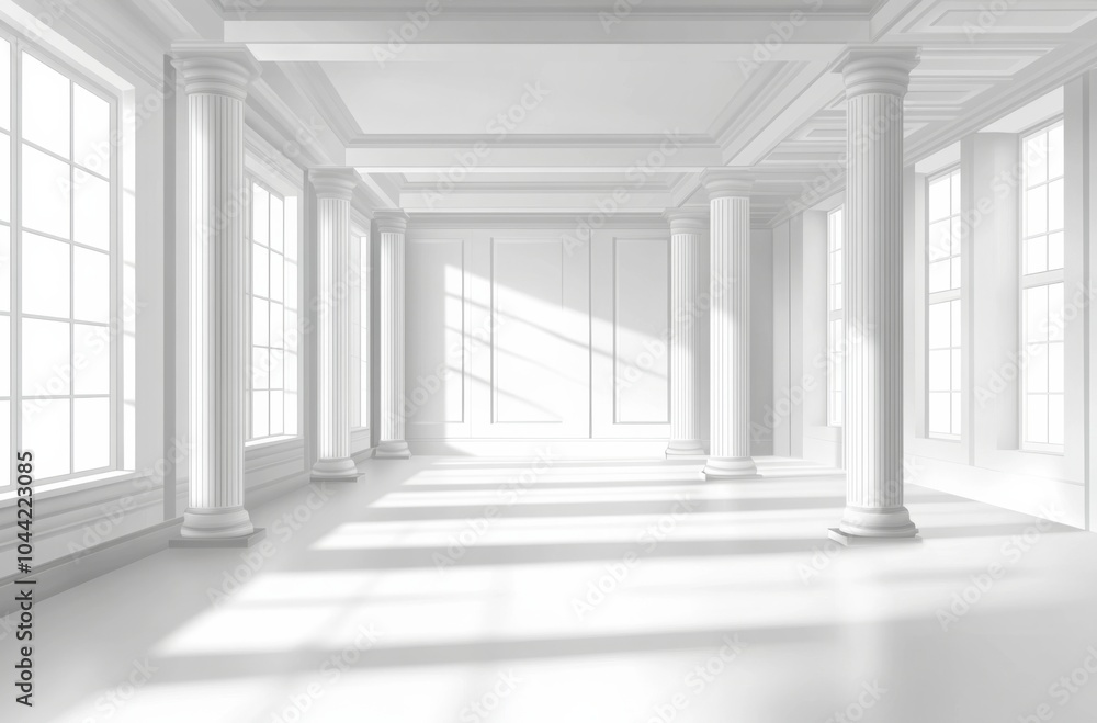 Poster a spacious, empty room featuring large white walls and tall columns, with ample natural light stream