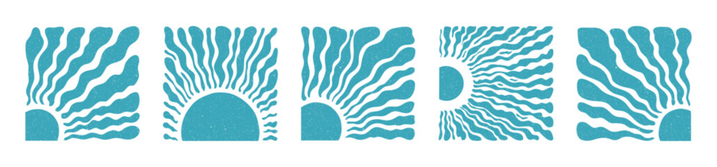 Groovy retro abstract sun backgrounds. Organic doodle shapes in trendy naive hippie 60s 70s style. Contemporary poster print banner template. Horizontal Wavy vector illustration.	
