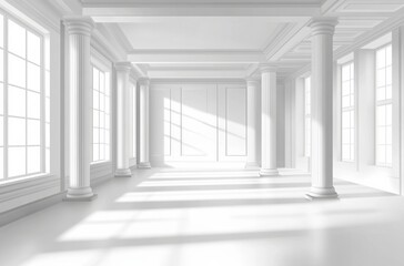 Obraz premium A spacious, empty room featuring large white walls and tall columns, with ample natural light streaming through the open ceiling. 
