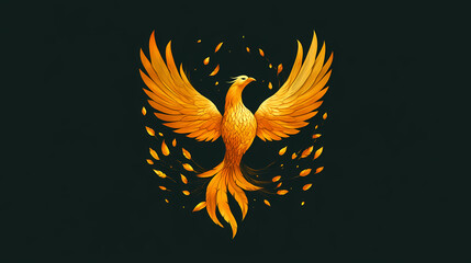 Fototapeta premium A beautiful golden phoenix rising from the ashes, wings, dark green background, and minimalistic, classic yet elegant, graphic style. Golden Phoenix. Illustration