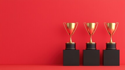 Three golden trophies on black bases against a bright red background, symbolizing achievement and success in competitions.