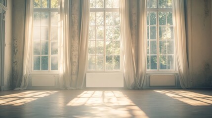 An empty scene featuring a blank mockup template (ballet rehearsal room windows with light streaming in)
