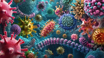 A vibrant depiction of various microorganisms in a microscopic environment.