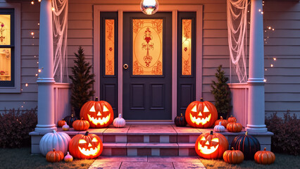 Obraz premium Halloween spooky scary front porch entryway decor scene with glowing orange, white, black jack-o'-lantern pumpkins, disco ball, spider web, pink and yellow festive lights at night for celebration. 