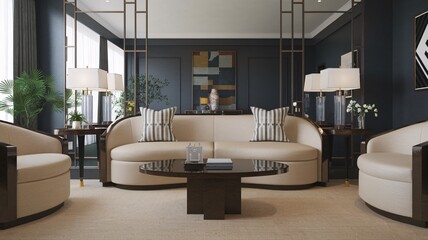 Art Deco Modern living room with a cream sofa, two armchairs, a coffee table, and lamps on side tables.