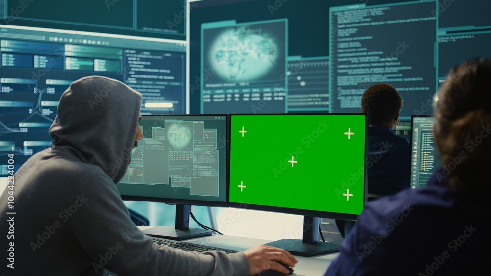 Poster governmental hackers working on computer with green screen to protect data and network security. foc