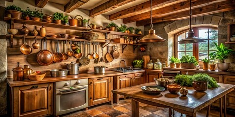 Rustic Kitchen with Wooden Elements and Copper Pots - Cozy Interior Design Inspiration