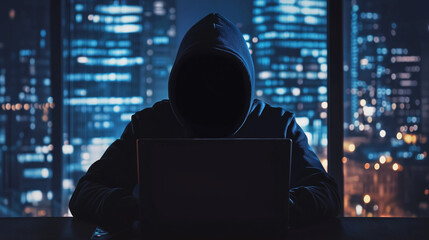 Silhouette of hooded hacker using laptop in front of city skyline at night, cybercrime concept