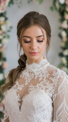 Fototapeta premium Young Woman with Fair Skin in Bridal Veil, Wearing Lace Gown, Looking Off to Side