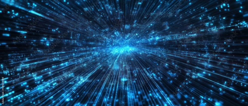 Poster a dynamic blue abstract background depicting light trails and particles in motion.
