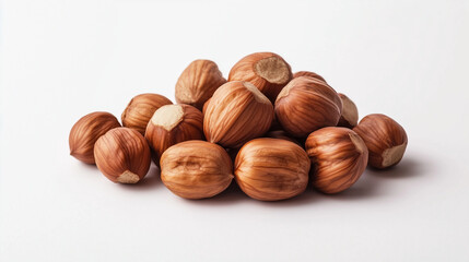 Fototapeta premium Piled hazelnuts with shell on white background, healthy nut snack concept copy space