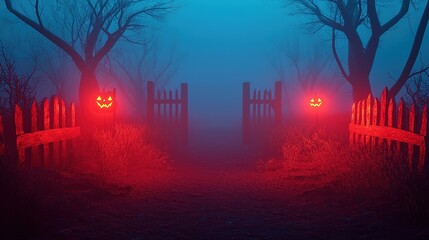 Fototapeta premium Description:** A foggy scene featuring a spooky gate with eerie red-lit pumpkins, surrounded by dark trees, creating a haunting Halloween atmosphere.
