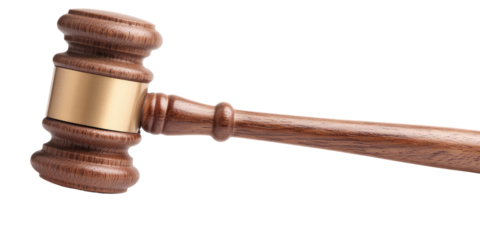 Closeup of wooden brown judge gavel on transparent cutout background, PNG file. Mockup clipart template