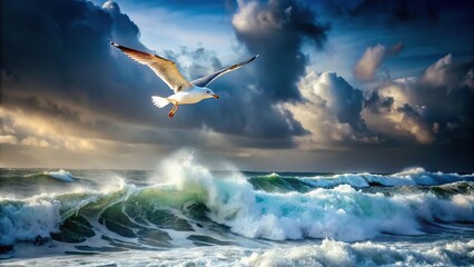 Obraz premium Seagull flying over stormy sea with low angle view