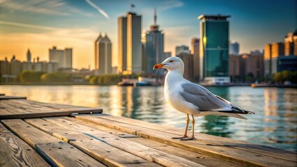 Seagull perched on wooden dock overlooking water, sunlit in Toronto Harbourfront