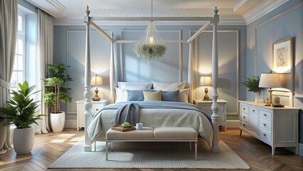 Serene Bedroom Interior with Four-Poster Bed in Calming Colors for Relaxation and Comfort