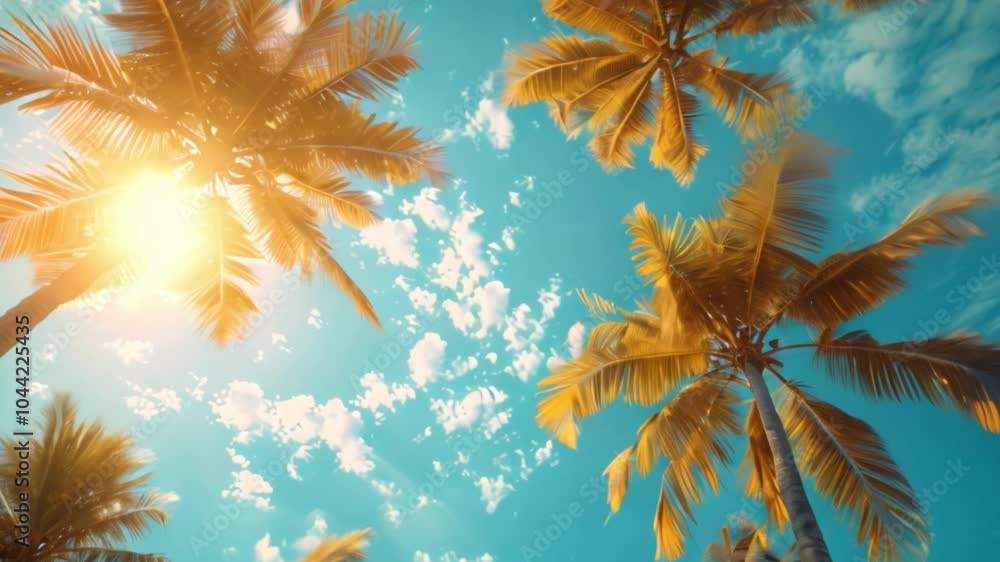 Poster bright sun rays filtering through tall palm trees against a clear blue sky.