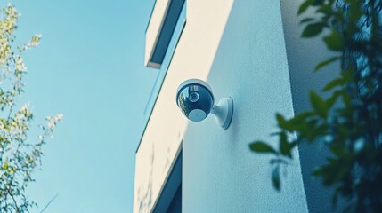 A security camera mounted on a wall. This image is perfect for illustrating home security systems and concepts.