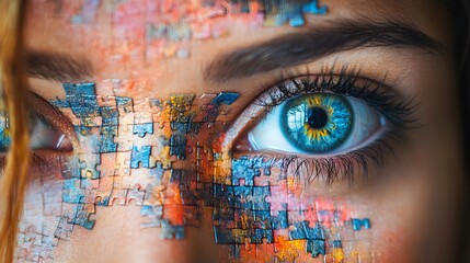 A woman's eyes, vivid and piercing, overlaid with intricate puzzle pieces, symbolizing a deep intellectual journey. The gaze reflects clarity, curiosity, and cognitive discovery