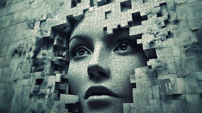 A woman's face embedded in a monumental puzzle wall, each piece representing fragments of identity and personal discovery, surrounded by an architectural maze