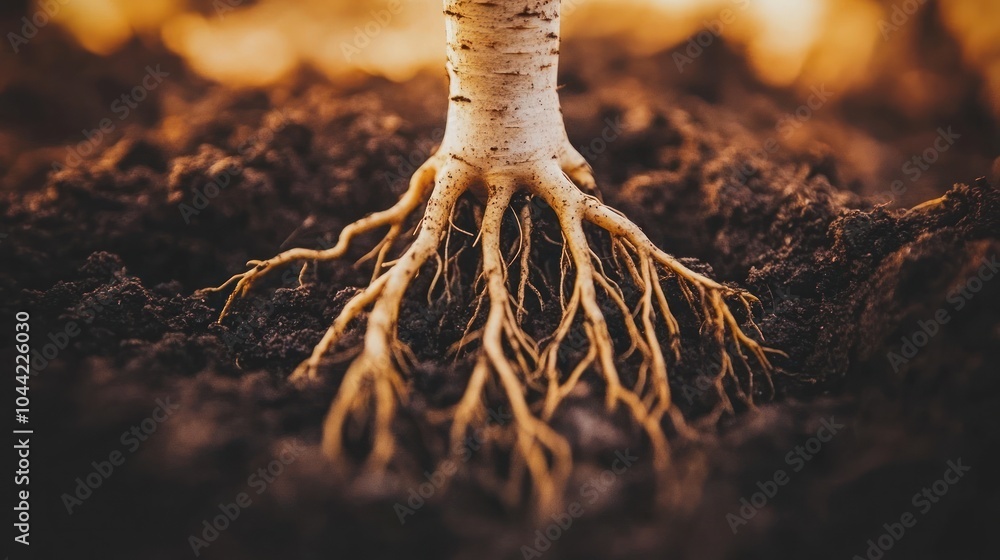 Poster close-up of tree roots emerging from the soil.