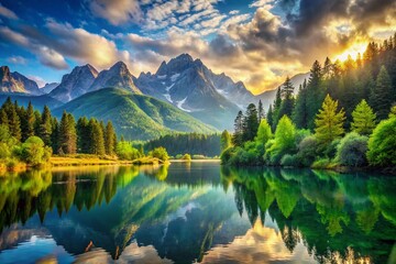 Fototapeta premium Serene Mountain Landscape with Crystal Clear Lake, Perfect for Nature Lovers and Outdoor Enthusiasts