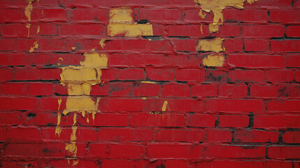 Red brick wall with peeling yellow paint, close up texture