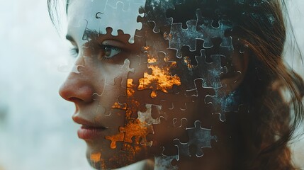 A woman's face fading into puzzle pieces, representing the complexity and confusion of Alzheimer's disease, with soft light and a surreal atmosphere