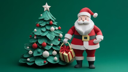 3d rendered christmas background with christmas tree and santa claus for greeting card