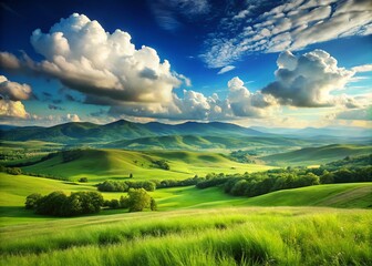 Obraz premium Serene Nature Landscape with Lush Green Hills and Calm Blue Sky for Generic Background Use
