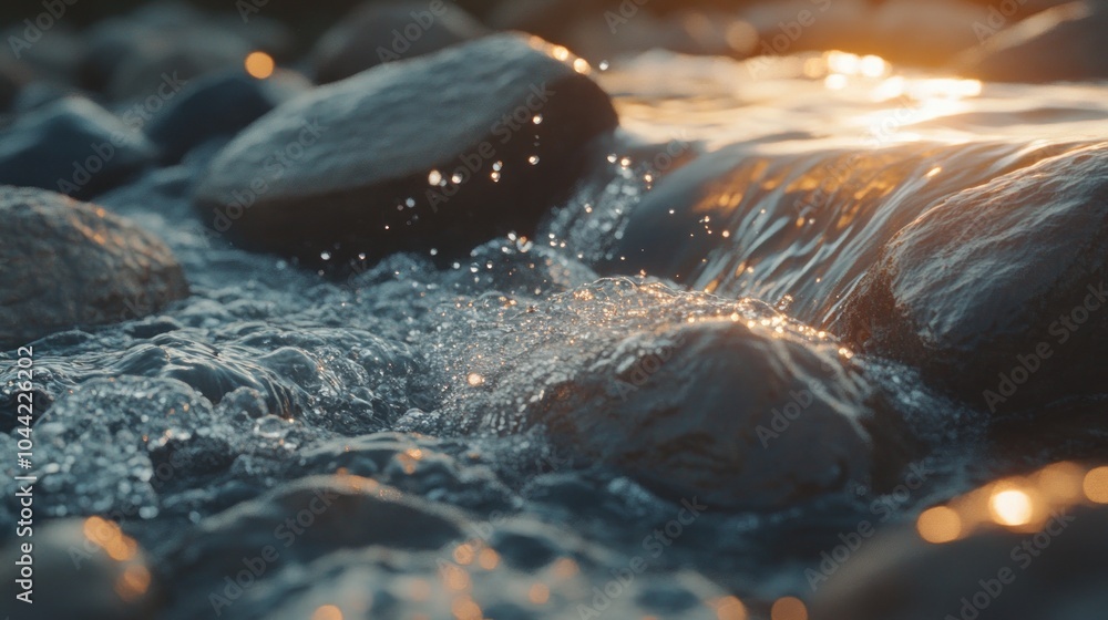 Poster close-up of a cascading stream with sunlight reflecting on the water.