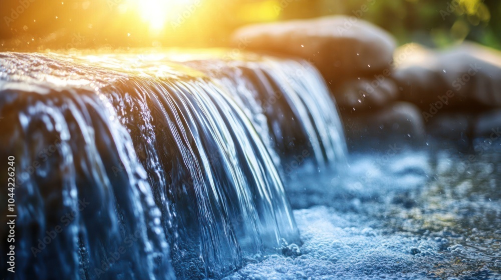 Poster close-up of a cascading waterfall with sunlight shining through the water.