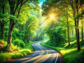 Obraz premium Serene Summer Road Through Lush Forest - Ideal Landscape for Relaxation and Nature Lovers