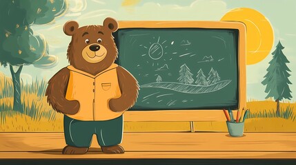 Anthropomorphic animal educator standing at a chalkboard, giving a lesson to students, ideal for school and academic-themed visuals.