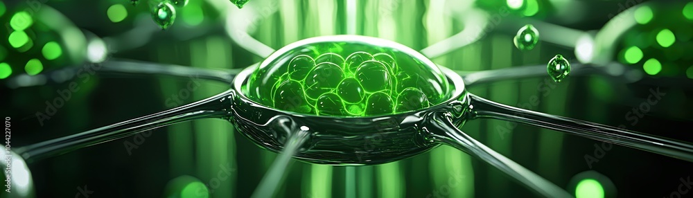 Poster a detailed visualization of green molecular structures in a futuristic setting.