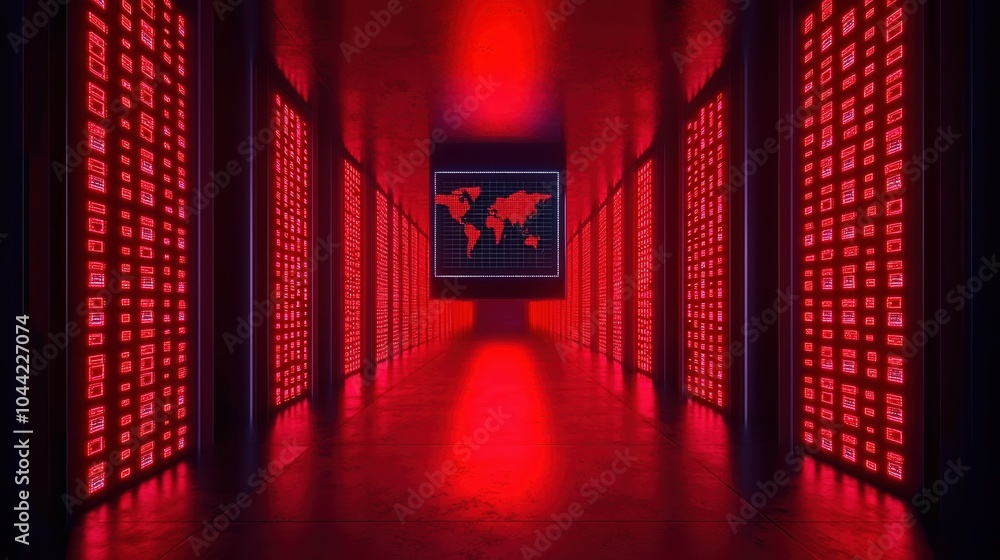 Poster a dimly lit corridor in a server room featuring red lighting and a world map on the screen.