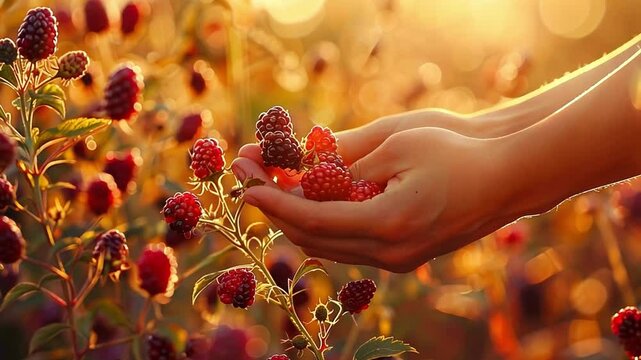 This Hands full of freshly picked raspberries under warm evening sunlight.