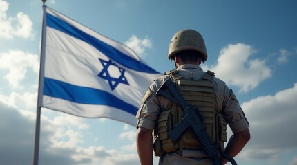 Israeli soldier standing in front of Israel flag military patriotism